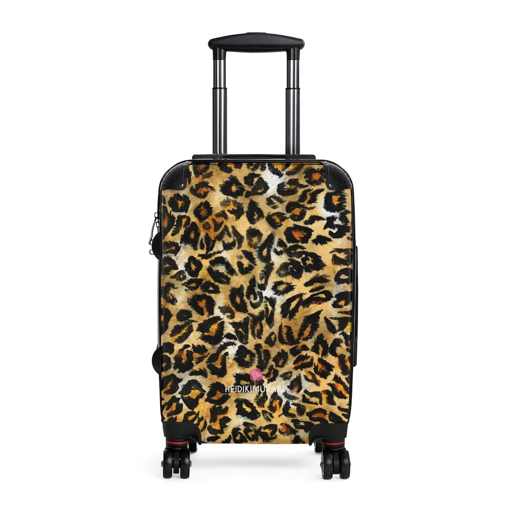 Brown Leopard Print Cabin Suitcase, Animal Print Small Premium Luxury Carry On Luggage For Men or Women