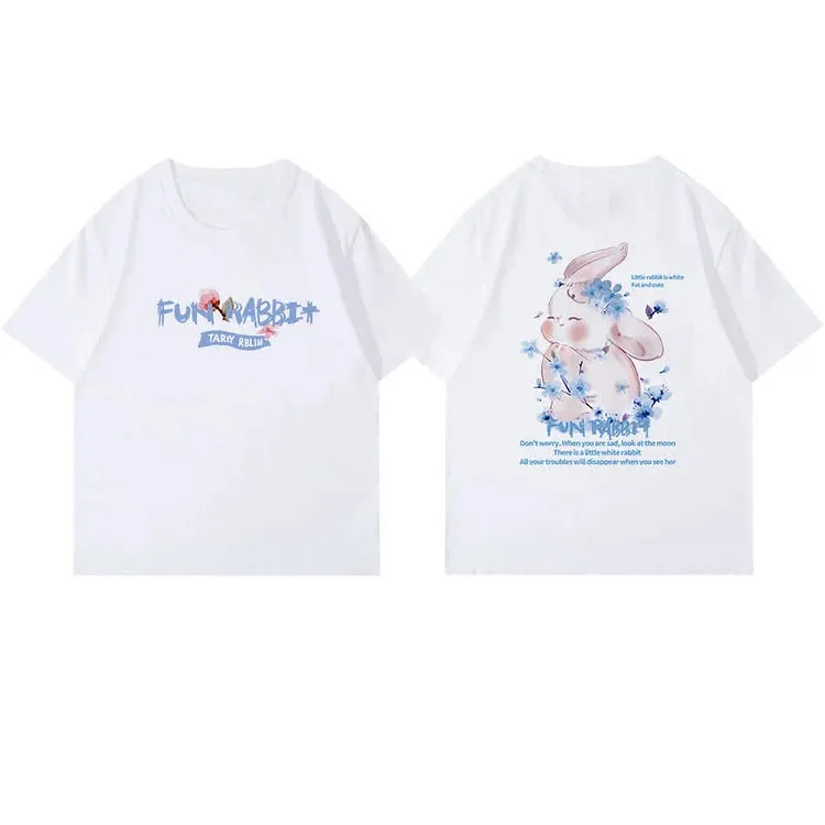 Cartoon Sakura Bunny Letter Print Cotton T-Shirt