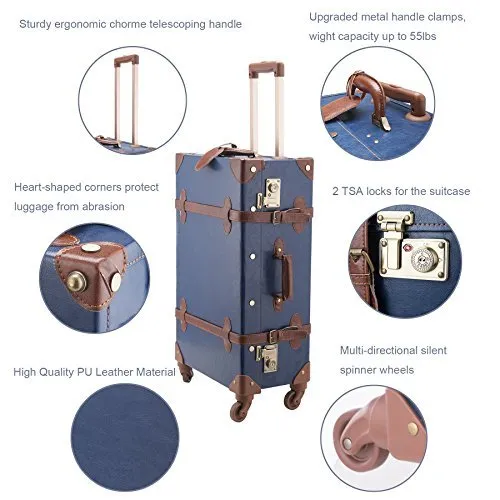 CO-Z Premium Vintage Luggage Sets 24" Trolley Suitcase and 12" Hand Bag Set with TSA Locks (12"  24" Blue)