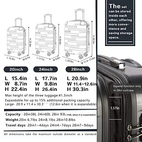 Coolife Luggage Expandable 3 Piece Set with TSA Lock - Silver