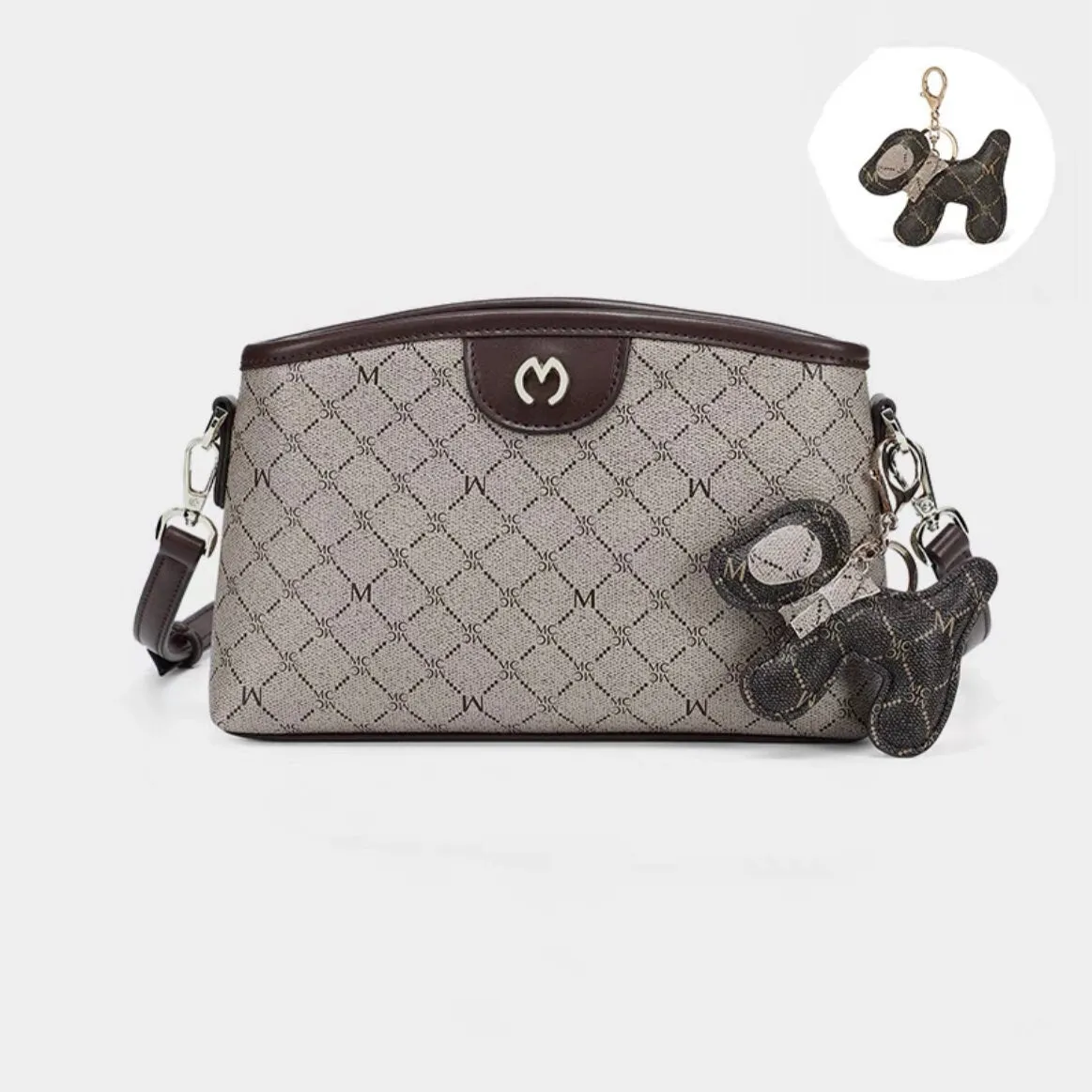 Cute Brown, Khaki & Beige Simple Minimalist Monogram Luxury PVC Leather Crossbody Bag for Women, Messenger Bag   Little Stuffed Dog Clip