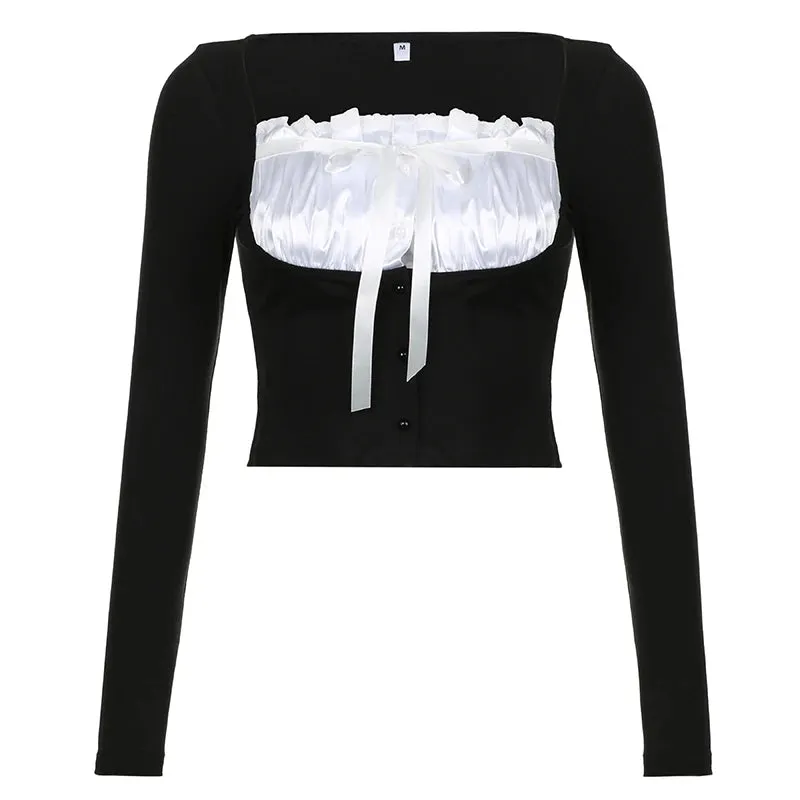 Korean Fashion Chic Women T-shirts Patched Bow Folds Buttons Japanese Y2K Crop Top Autumn Slim Harajuku Cute Clothing