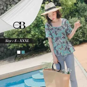 LEAF PRINTED WAVE HEM TOPS