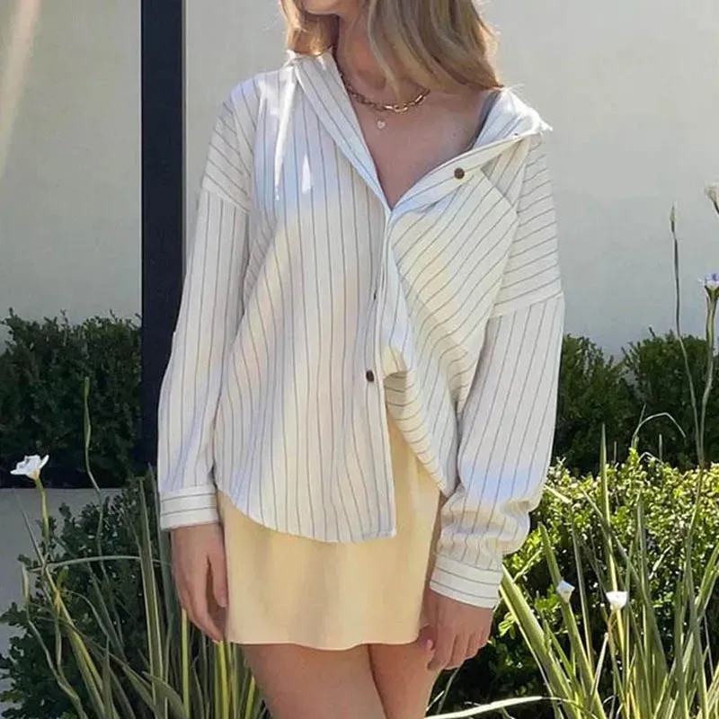 Metaversmall Fashion Chic Loose Stripe Women Shirt Top Buttons Long Sleeve Elegant Casual Autumn Blouse Streetwear Clothes Spring