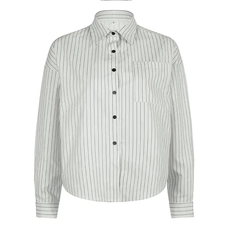 Metaversmall Fashion Chic Loose Stripe Women Shirt Top Buttons Long Sleeve Elegant Casual Autumn Blouse Streetwear Clothes Spring