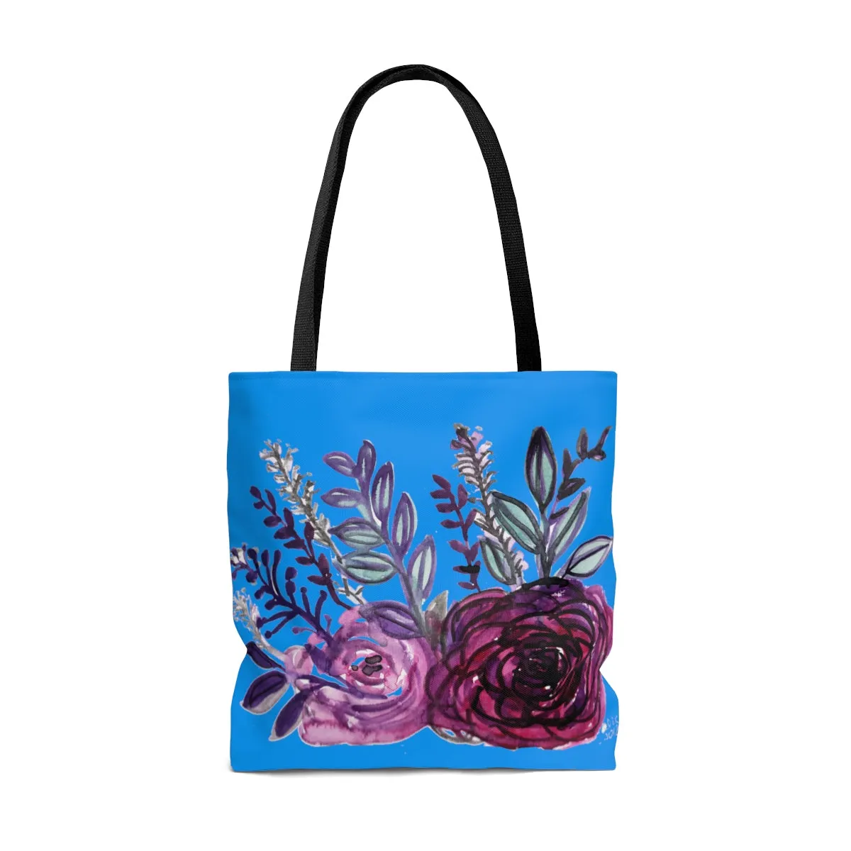 Pink Rose Floral Tote, Pink Rose Blue Ocean Rose Flower Print Floral Designer Tote Bag - Made in USA