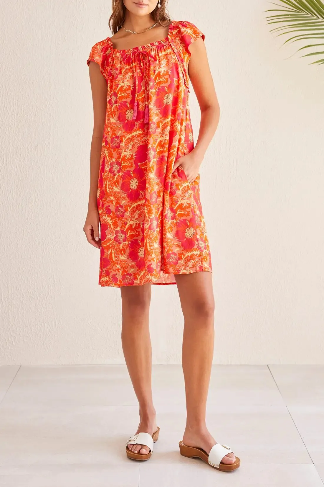 Raspberry Front Tie Short Sleeve Dress