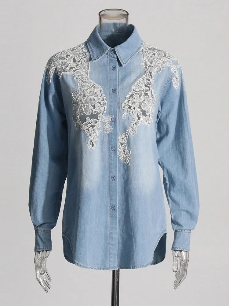 Solid Hollow Out Loose Designer Blouse For Women Lapel Long Sleeve Spliced Single Breasted Shirts Female Fashion