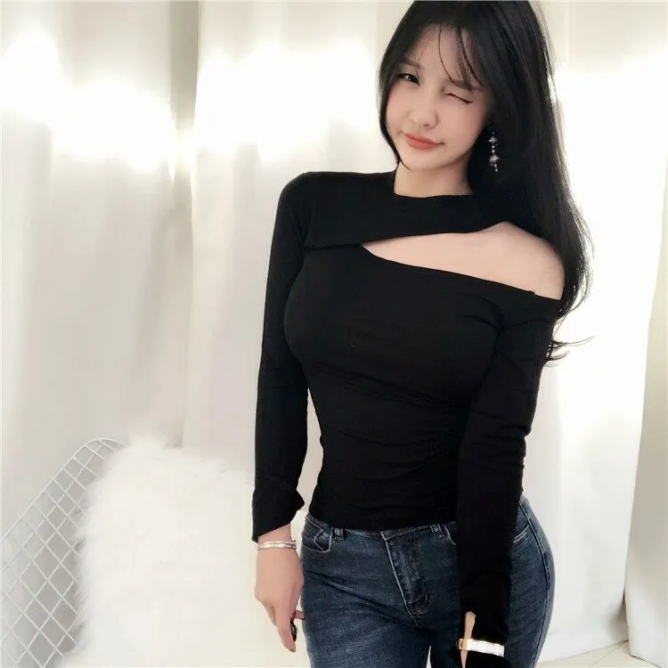 Spring Sexy Elastic Korean Style Turtlenck Off Shoulder Long Sleeve