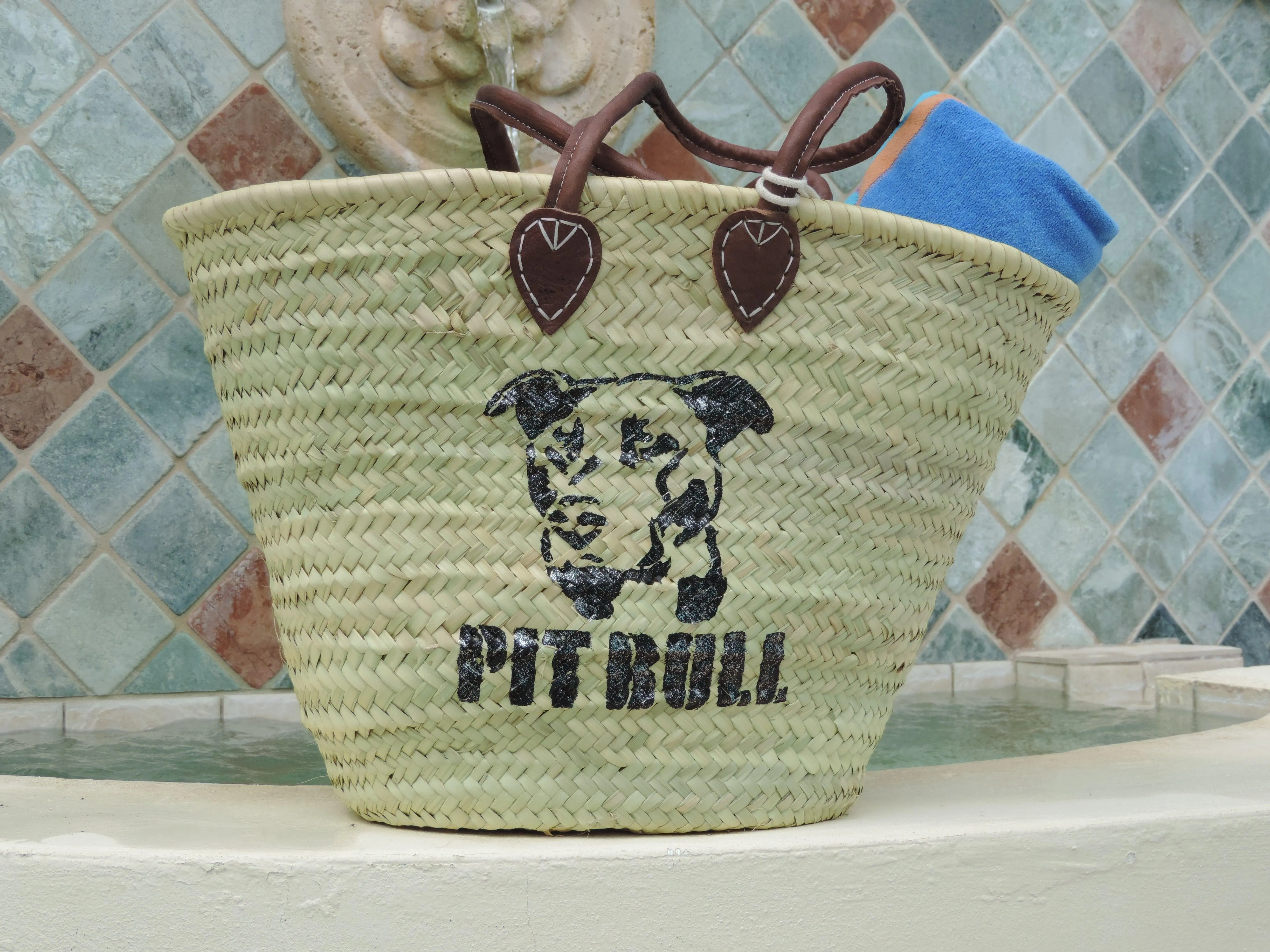 Straw bag with Hand-Painted Pit Bull
