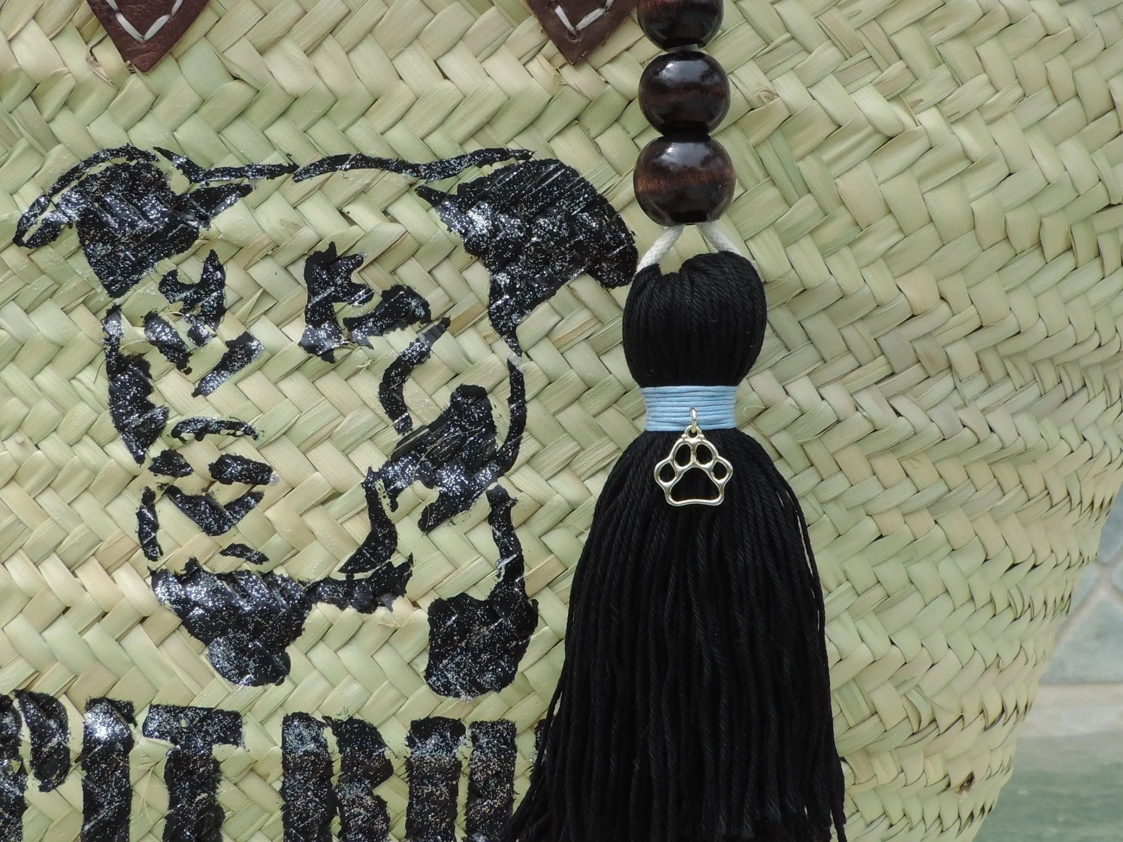 Straw bag with Hand-Painted Pit Bull