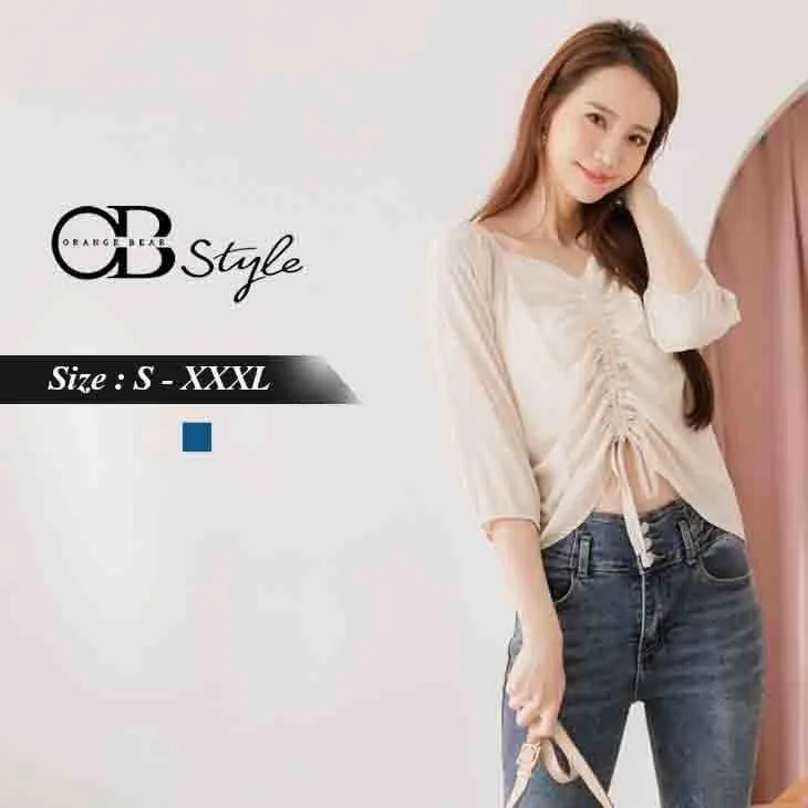 V NECK DRAWSTRING WAIST TOP