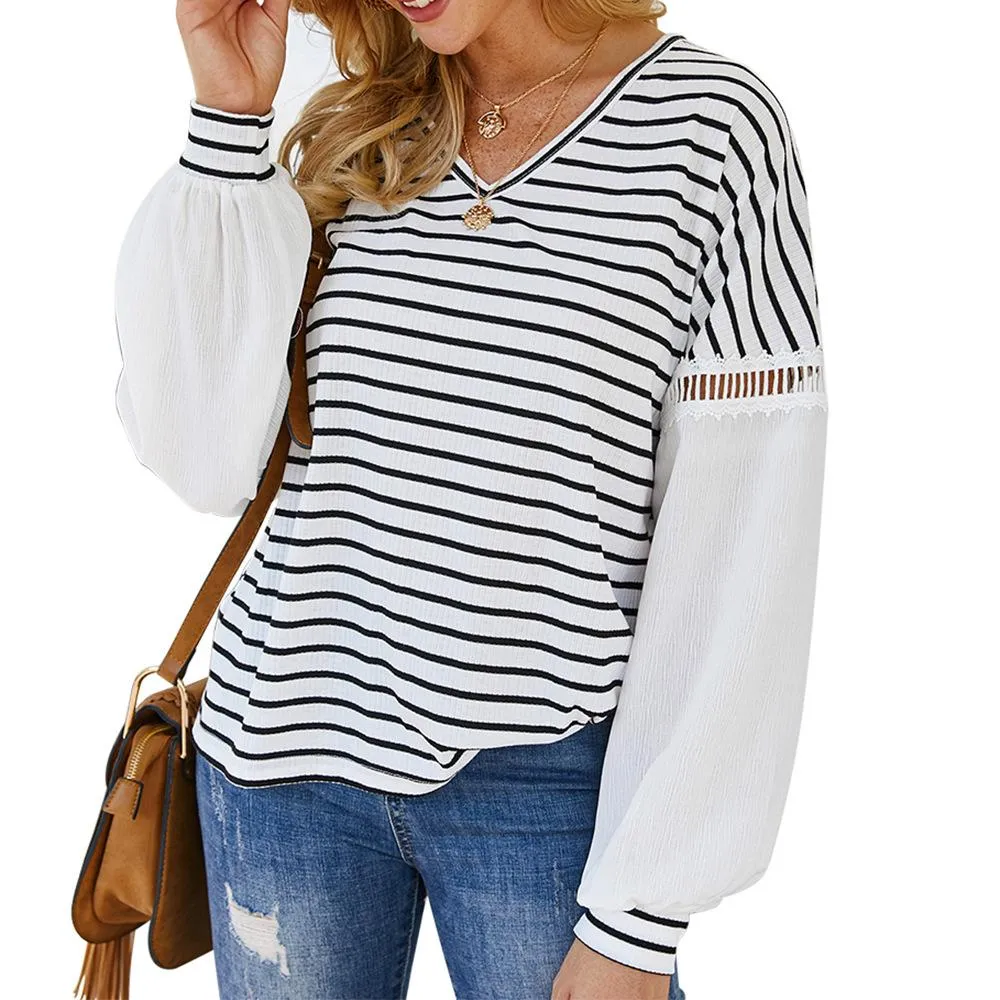 V-neck Patchwork Striped Blouse