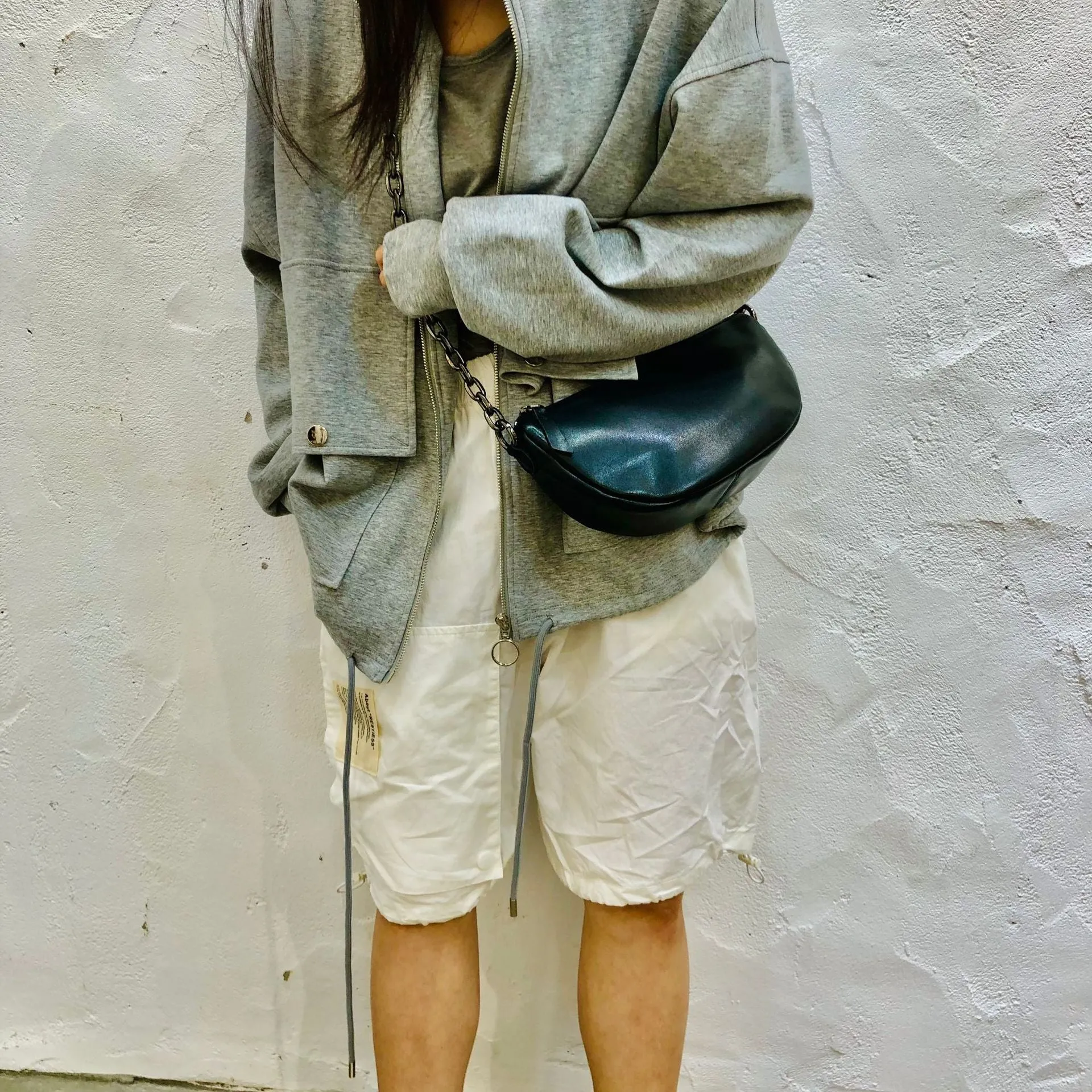 Women's Chest Bag Black Leather Sling with Chain Strap
