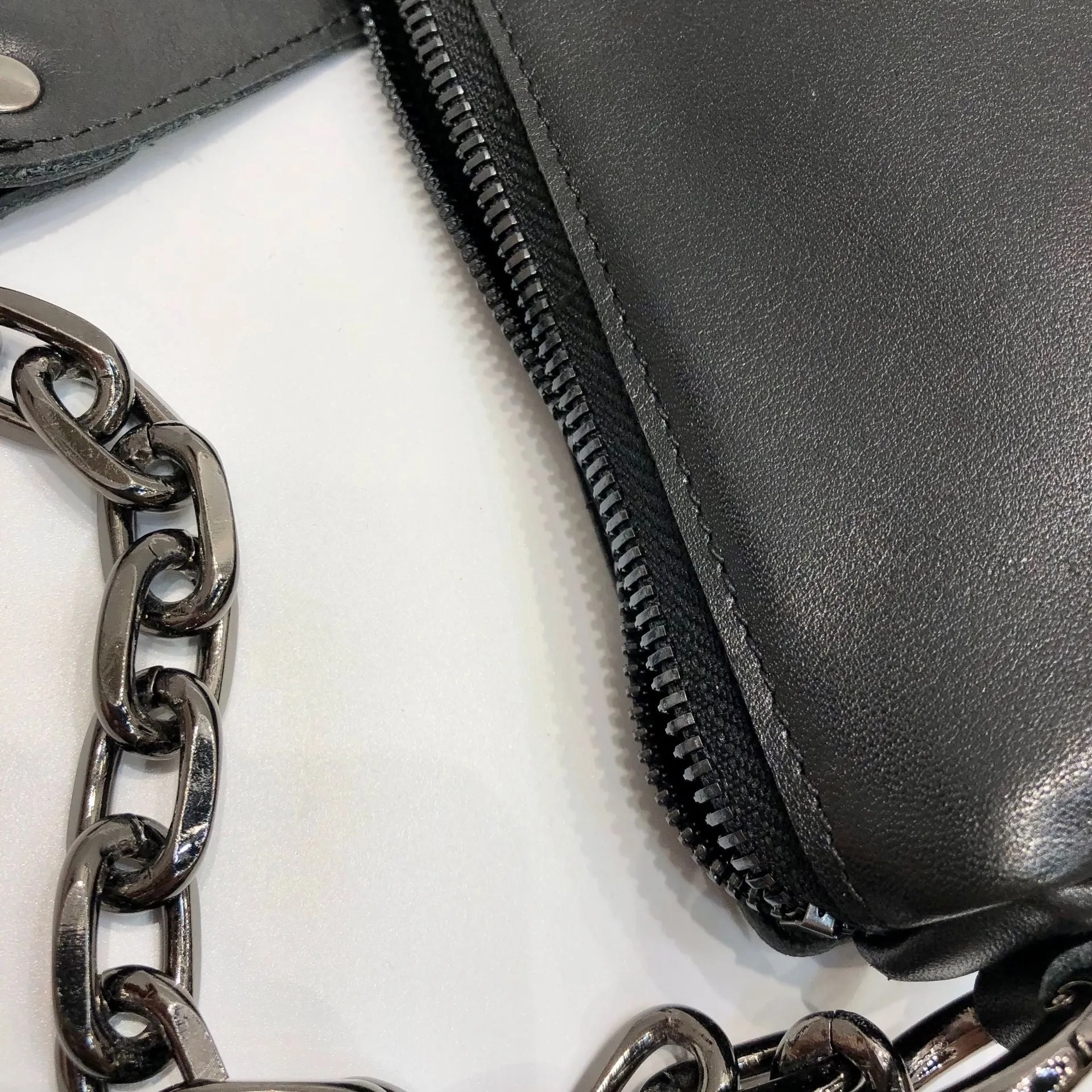 Women's Chest Bag Black Leather Sling with Chain Strap