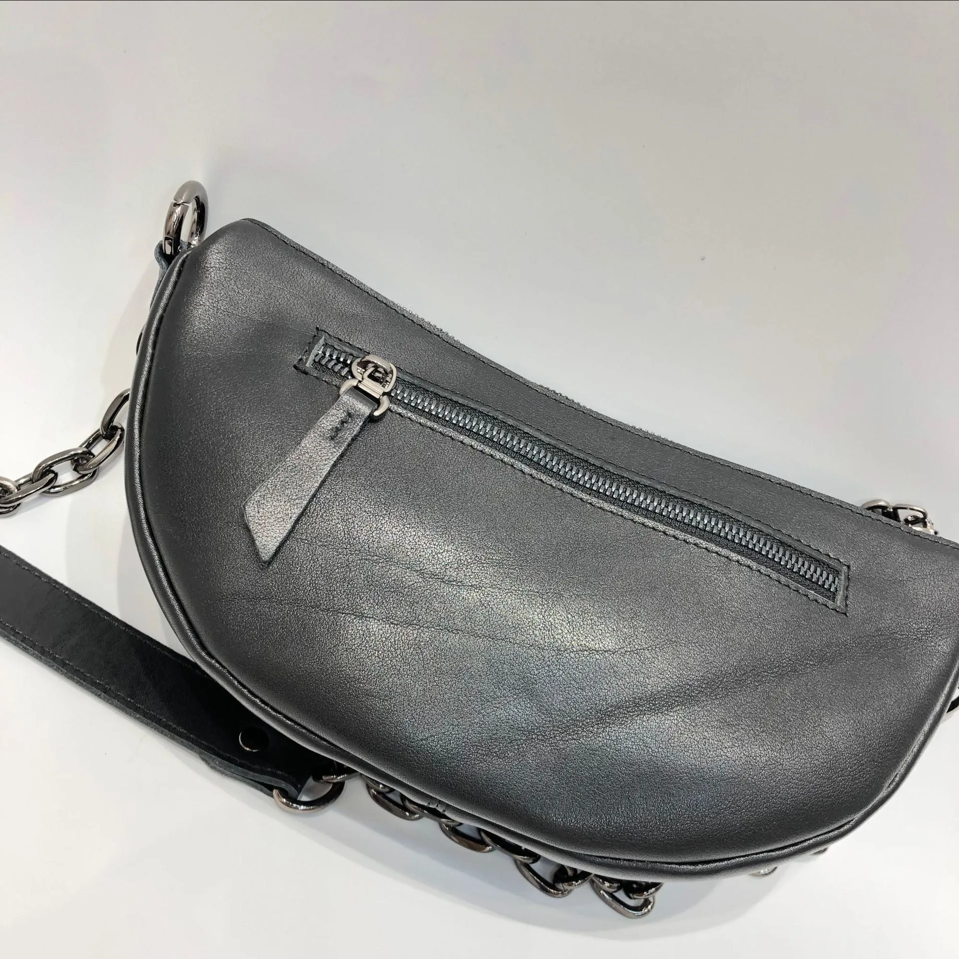 Women's Chest Bag Black Leather Sling with Chain Strap