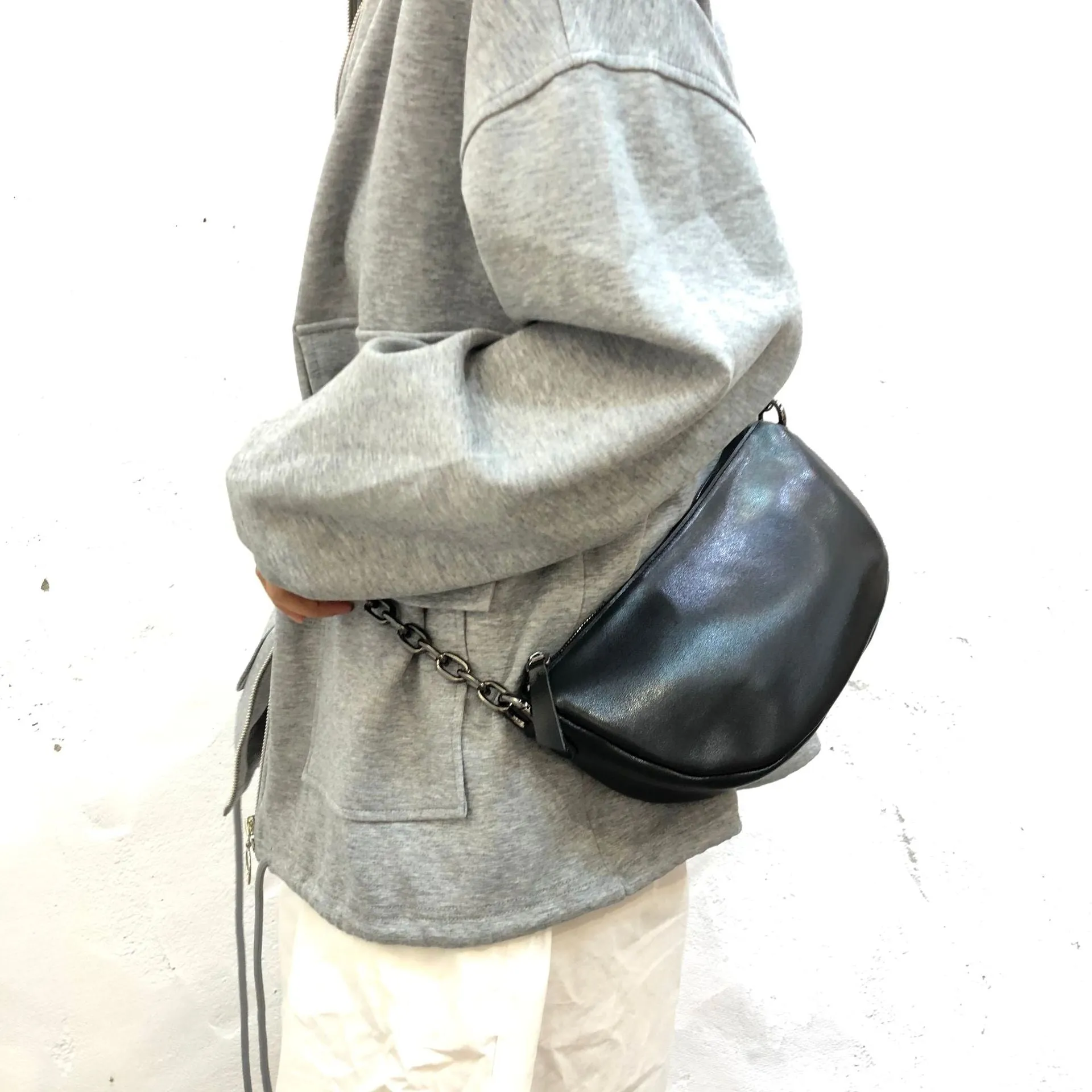 Women's Chest Bag Black Leather Sling with Chain Strap