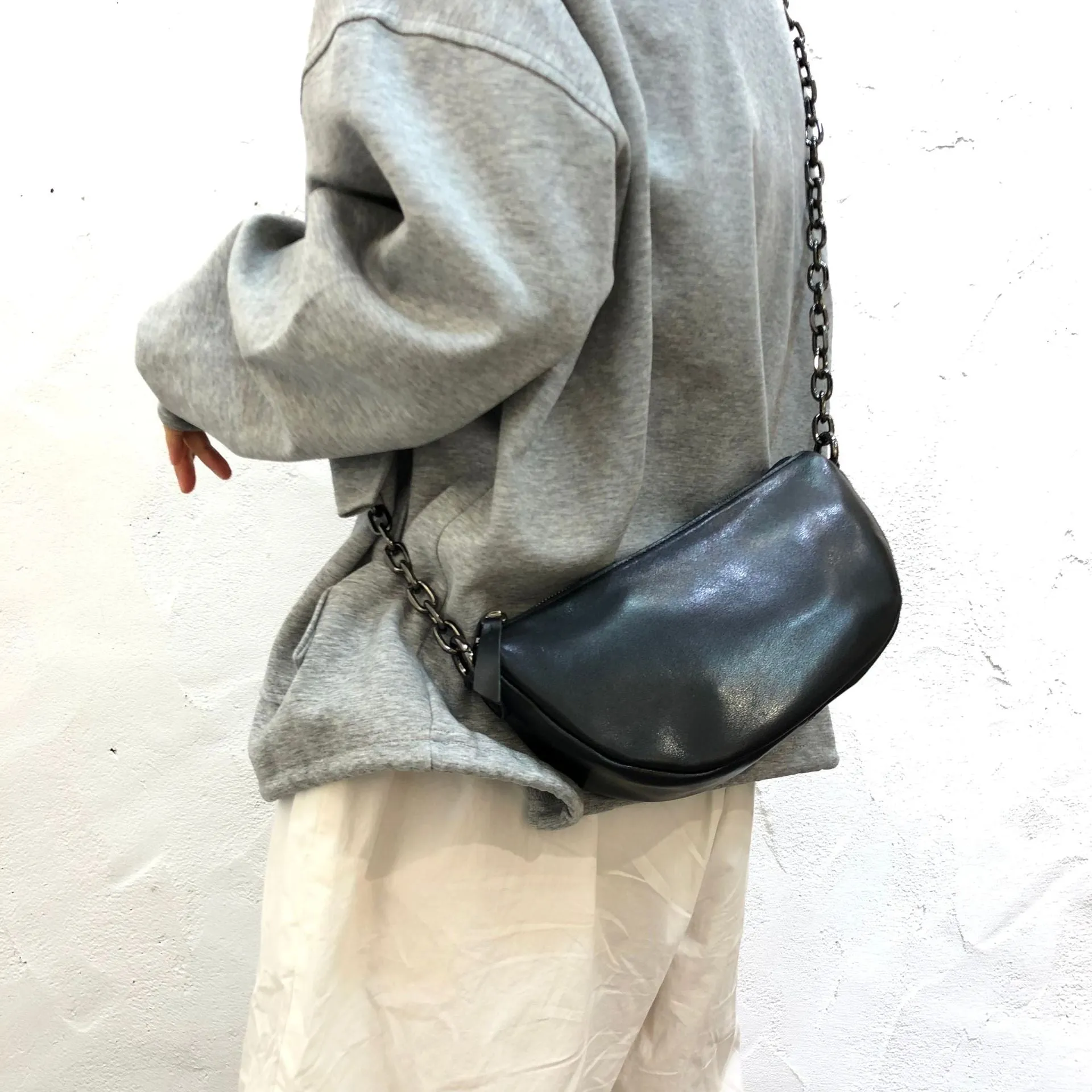 Women's Chest Bag Black Leather Sling with Chain Strap
