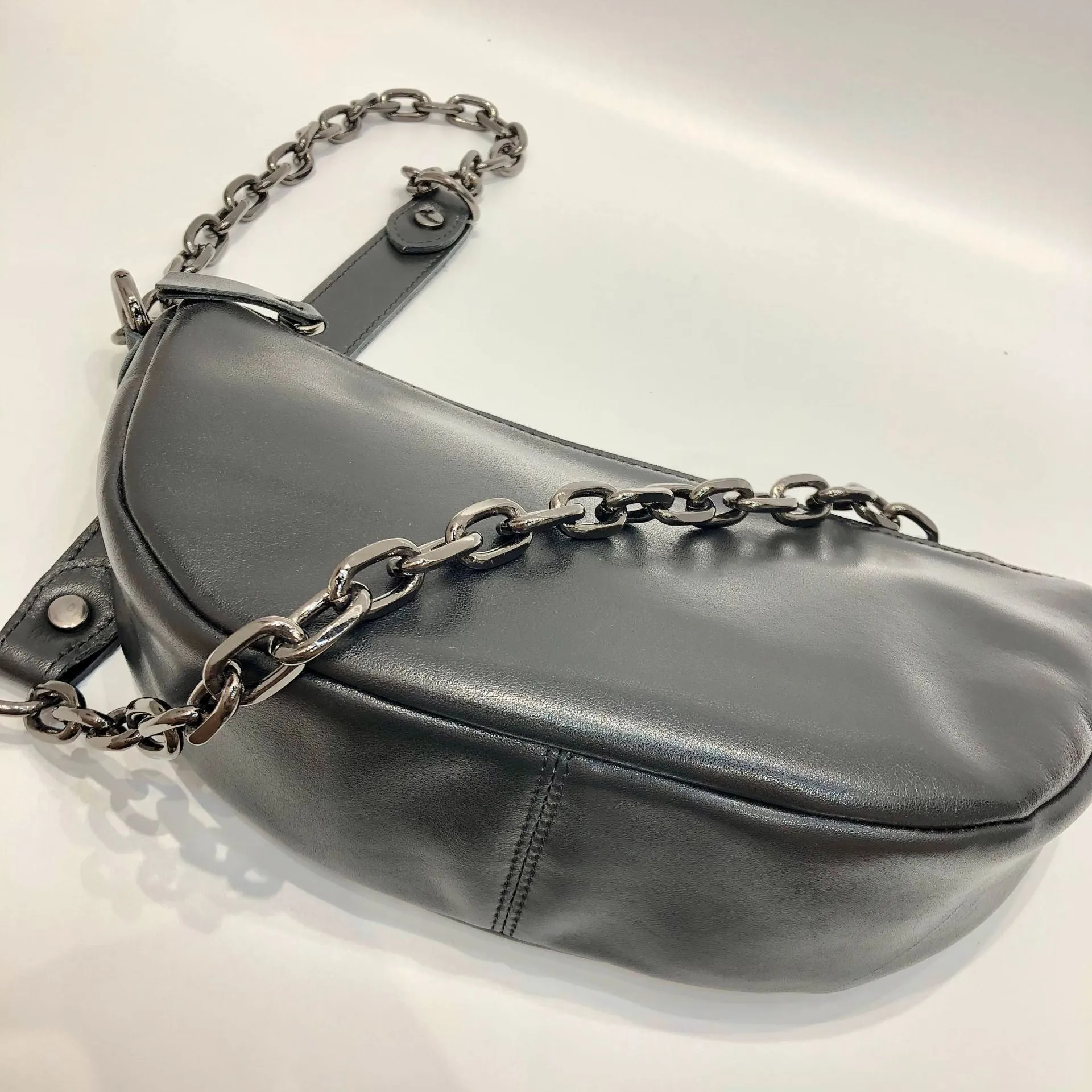 Women's Chest Bag Black Leather Sling with Chain Strap