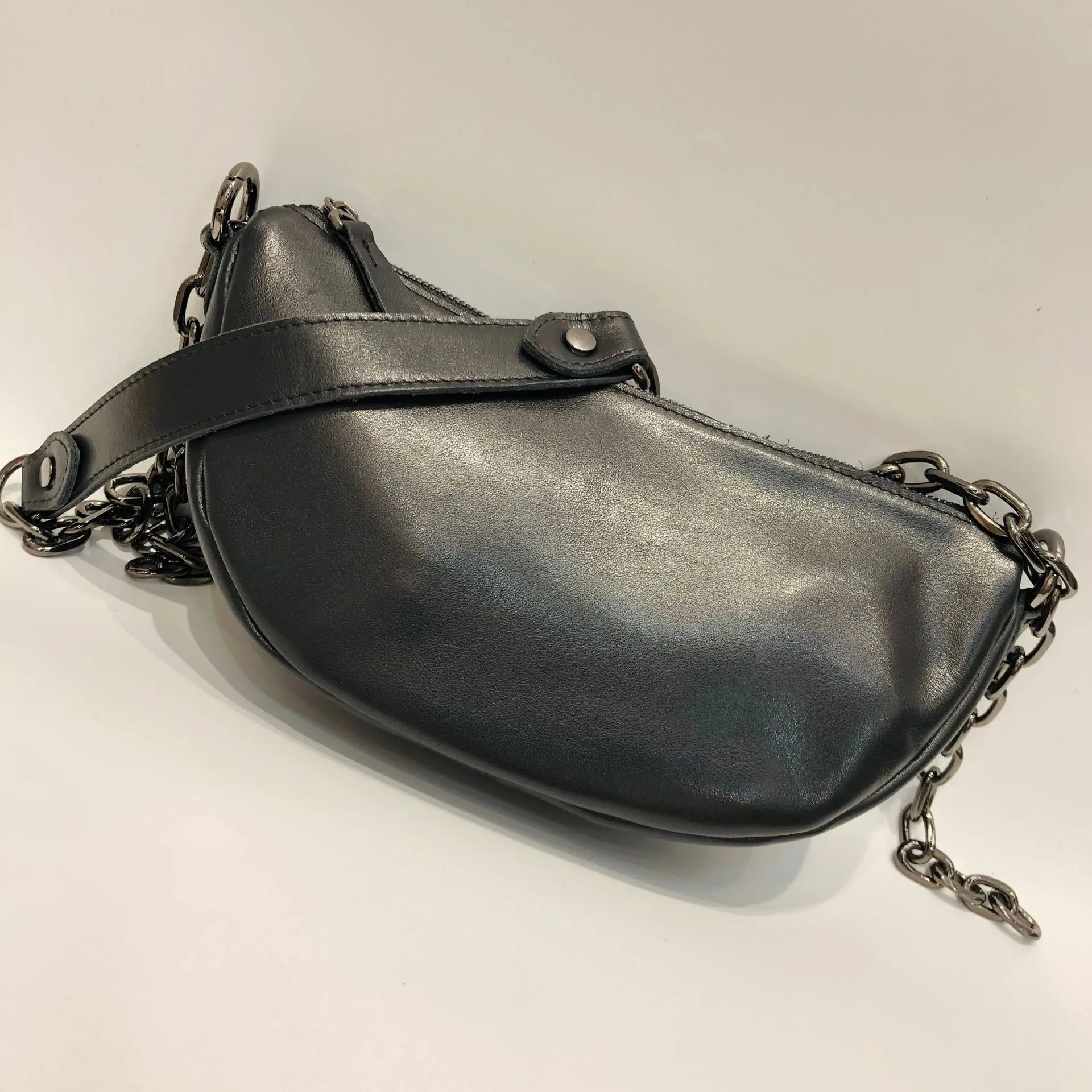 Women's Chest Bag Black Leather Sling with Chain Strap