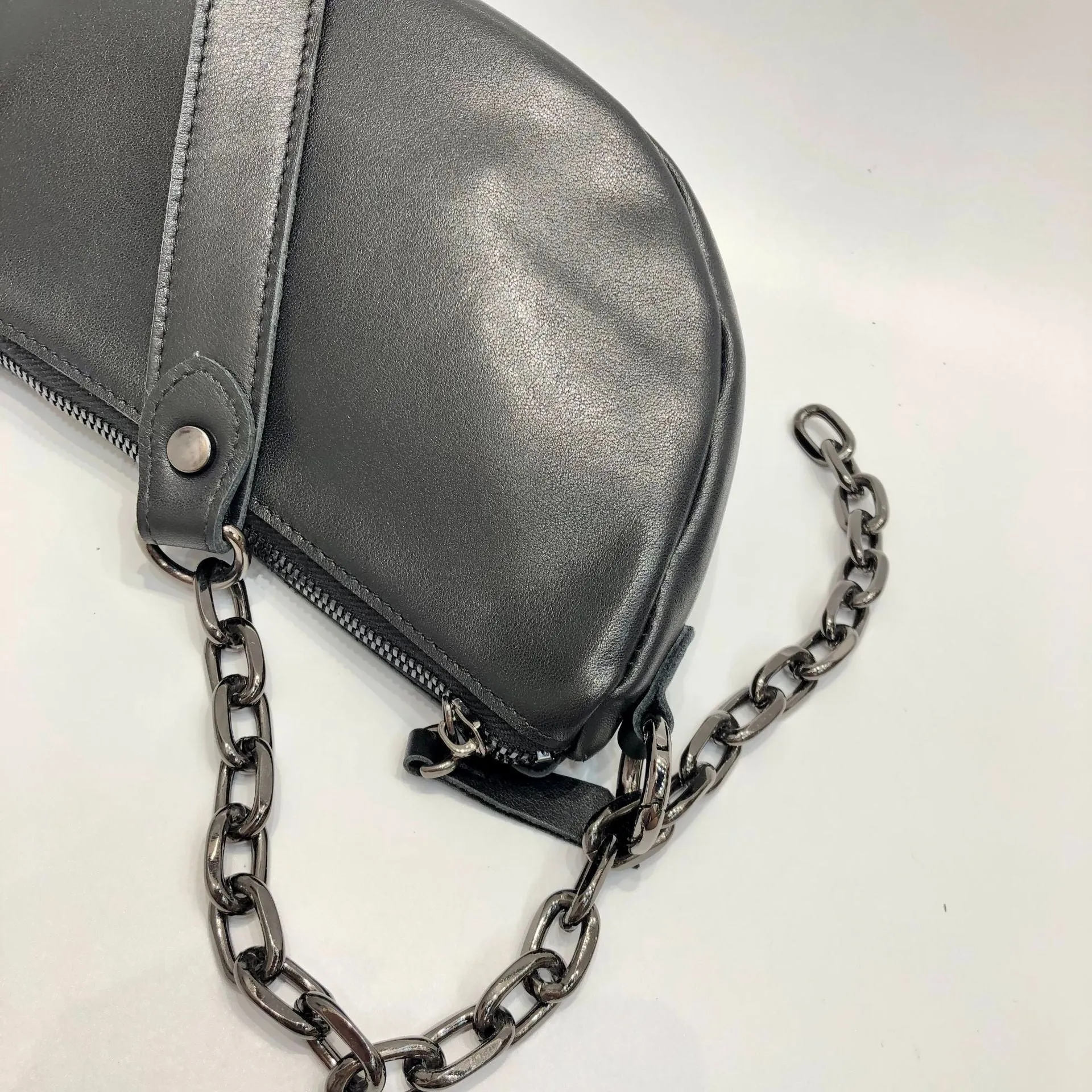 Women's Chest Bag Black Leather Sling with Chain Strap